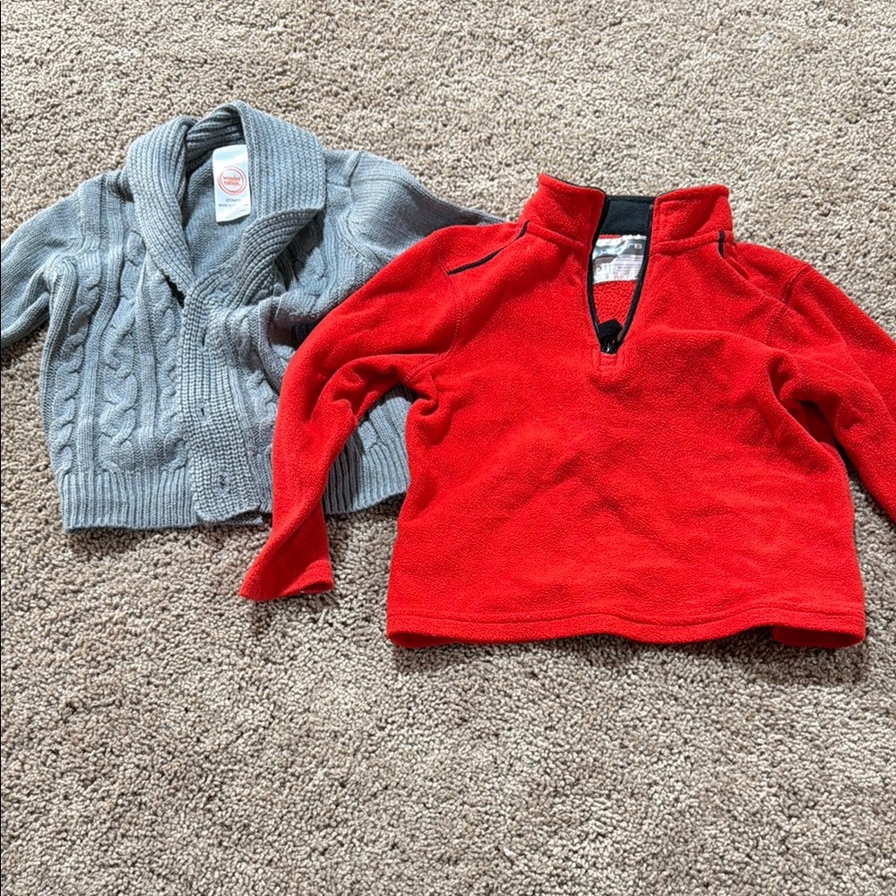 Red Fleece Pullover and Gray Cable Knit Cardigan